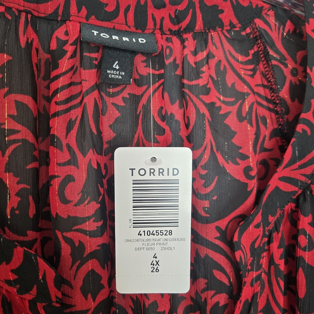 NWT Torrid Crinkle Chiffon Sheer Long Sleeve Blouse Red Black Fleur Size 4X - Picture 8 of 10